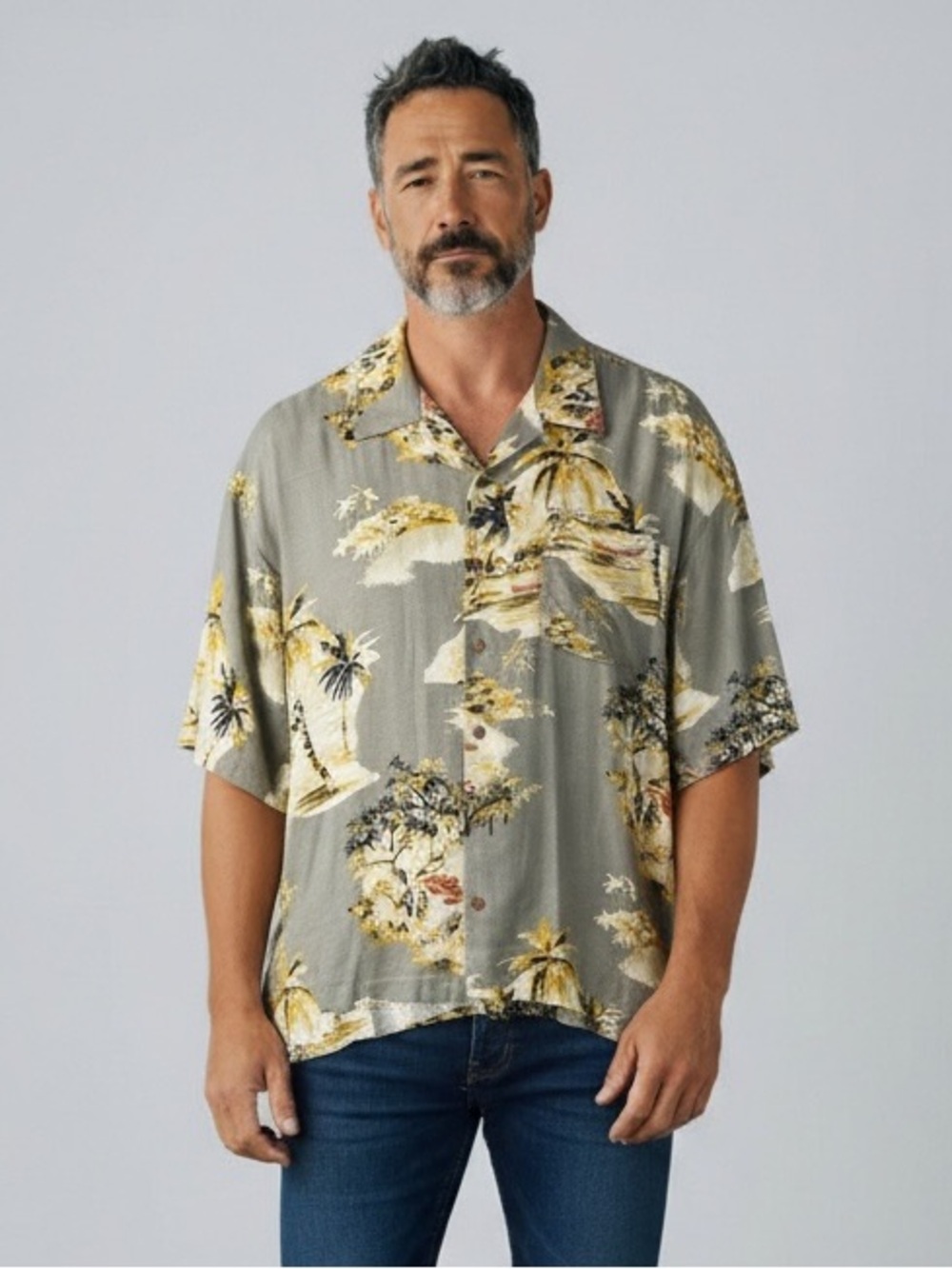 Tommy Bahama Silk Gray Hawaiian Casual Button Down Shirt Size extra large